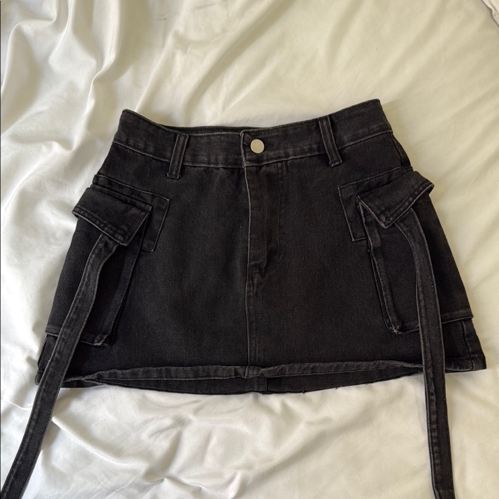 Black Denim Mini Skirt with Pockets